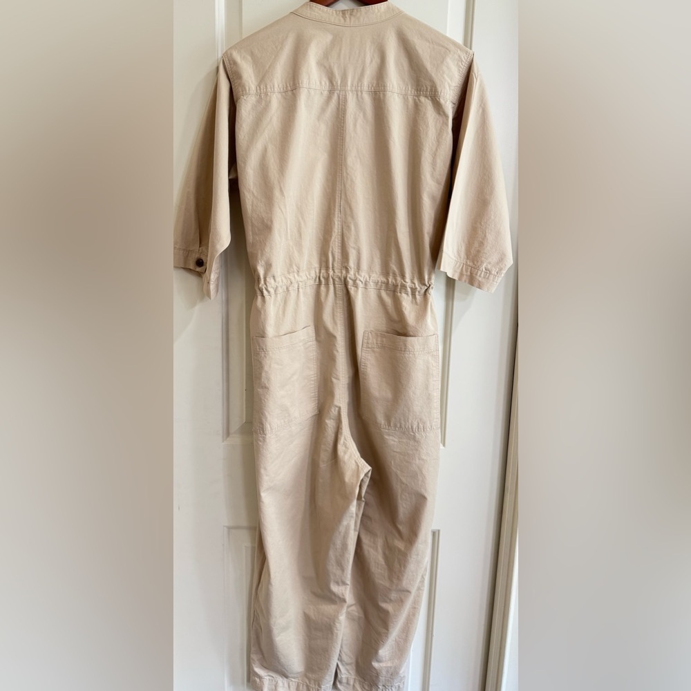 Beige Utility Jumpsuit Button Front Drawstring Waist Cropped Pockets Womens M - Picture 7 of 9